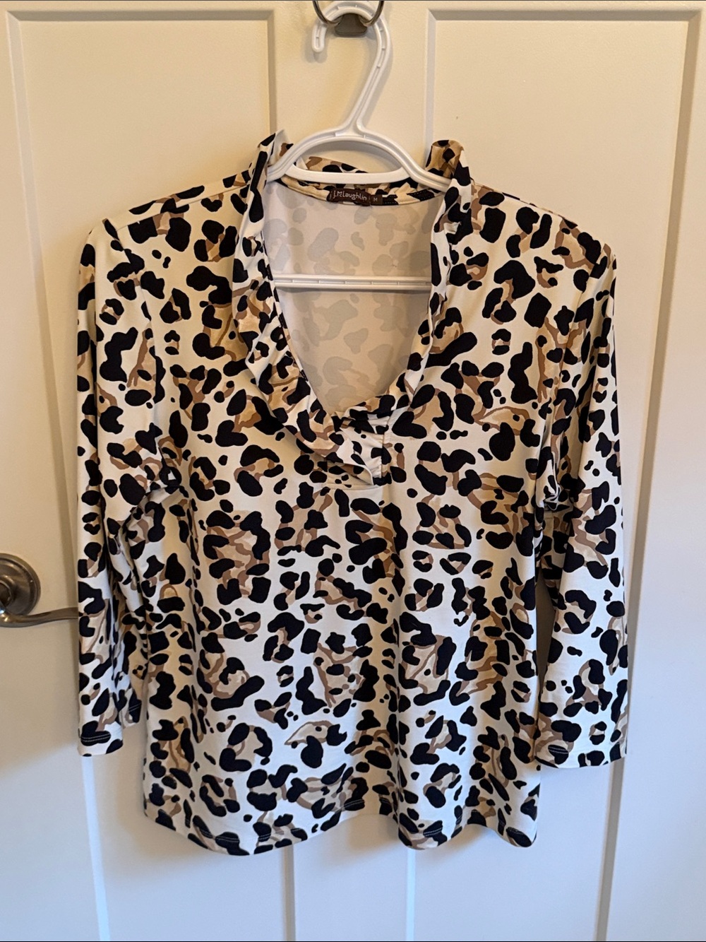 J. McLaughlin Leopard Print Ruffle V-Neck Top - Cream, Tan, Black